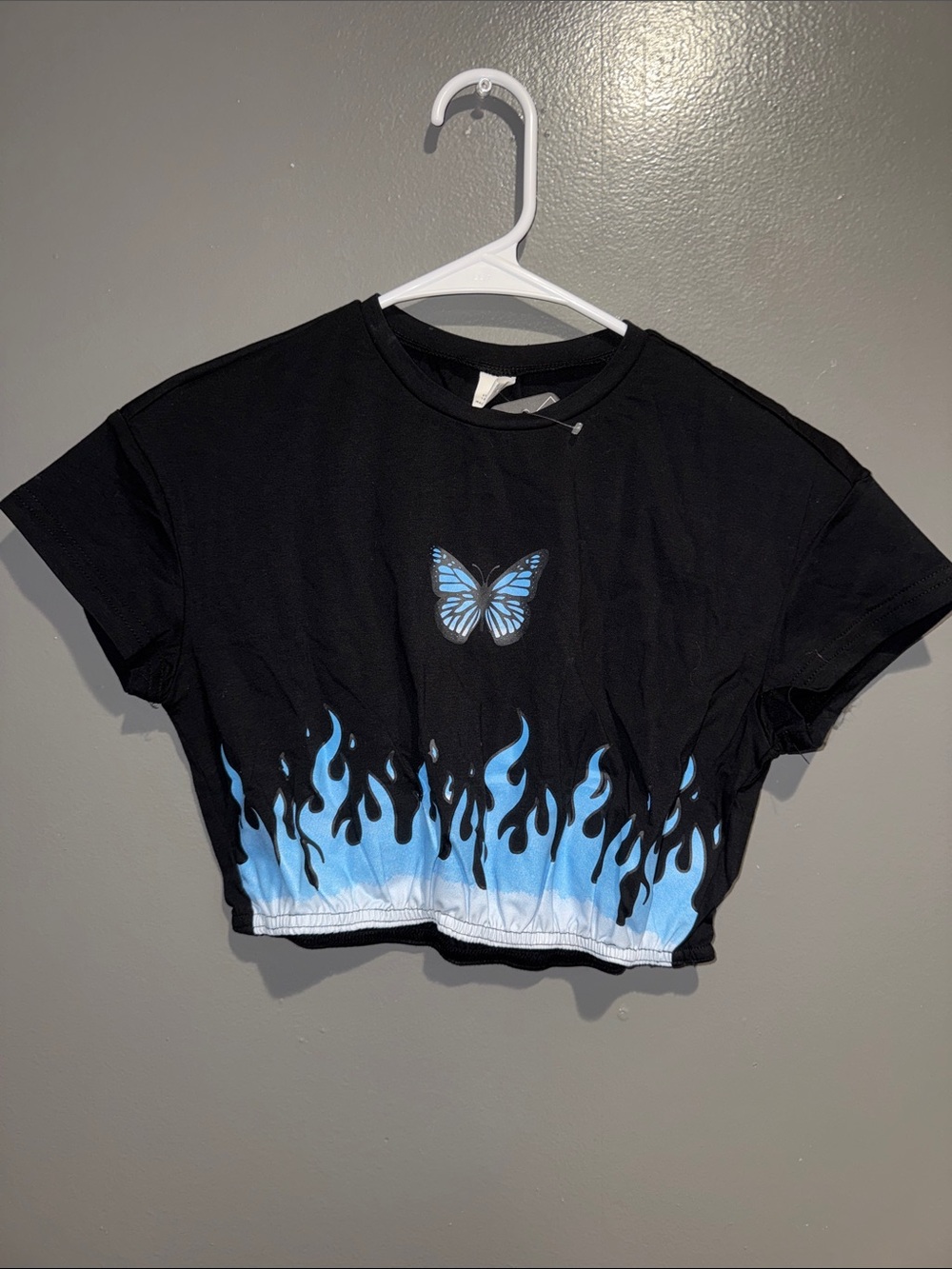 Girls Black Crop Tank with Blue Flame & Butterfly Graphic - Youth Tank
